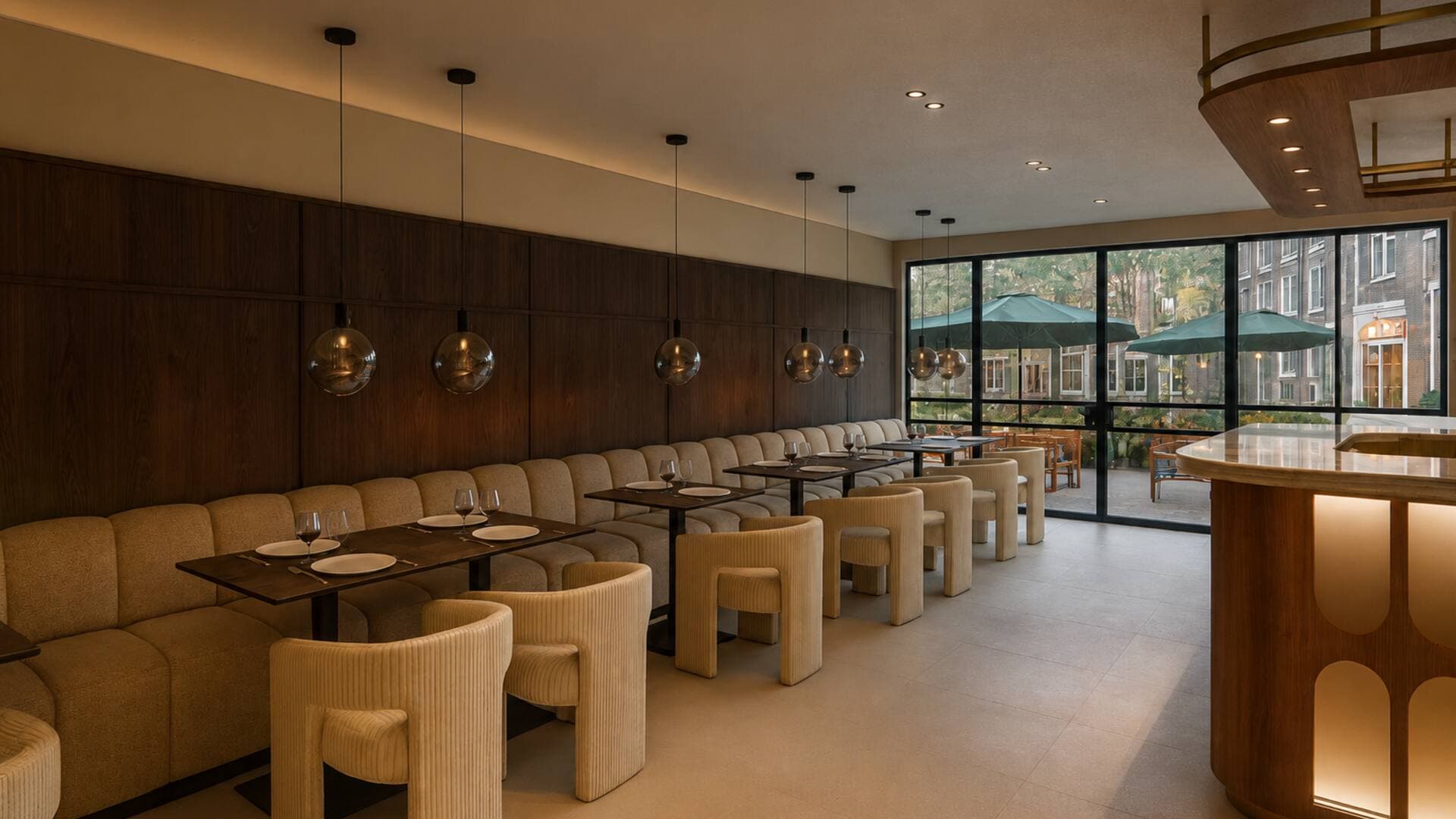 The restaurant at Hotel Satori with warm wood panelling and garden view