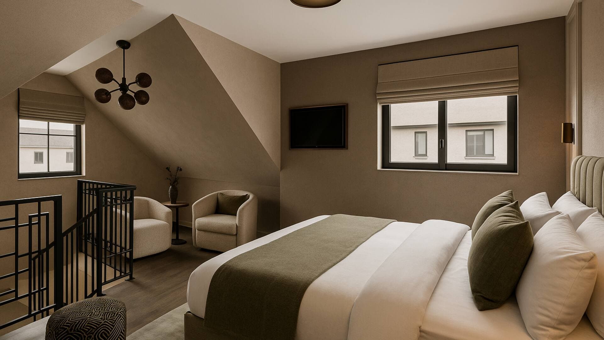 A Hotel Satori guestroom with the bed made in sand and green linen
