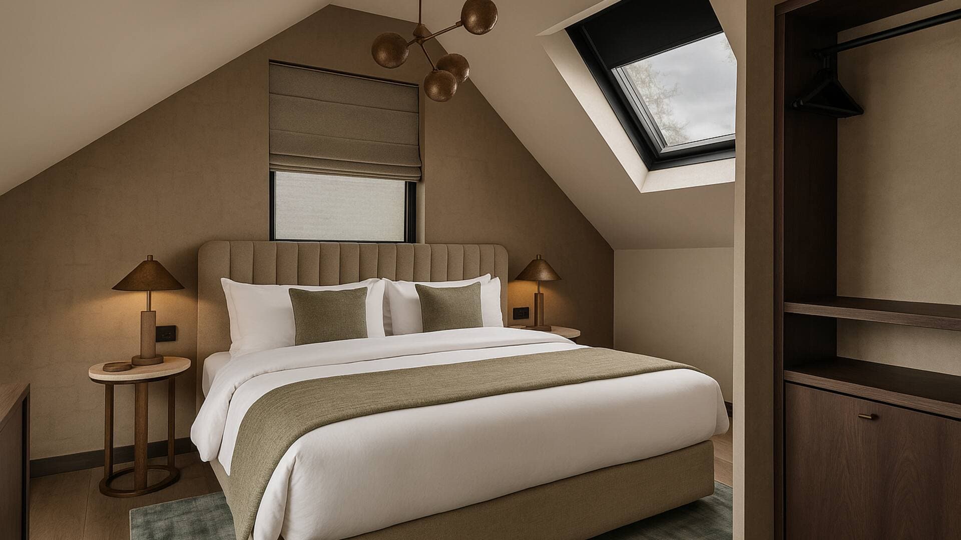 A Hotel Satori guestroom with a made bed under a skylight, in sand and green tones